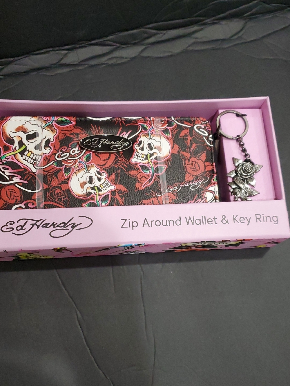 Ed Hardy red black Ed Hardy skull rose print zip around wallet & gunmetal charm